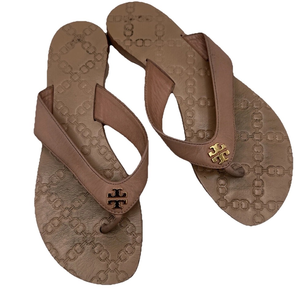 Tory Burch  Monroe Tan Leather Open Toe Slip-On Flat Thong Sandals Size‎ 5 1/2 M